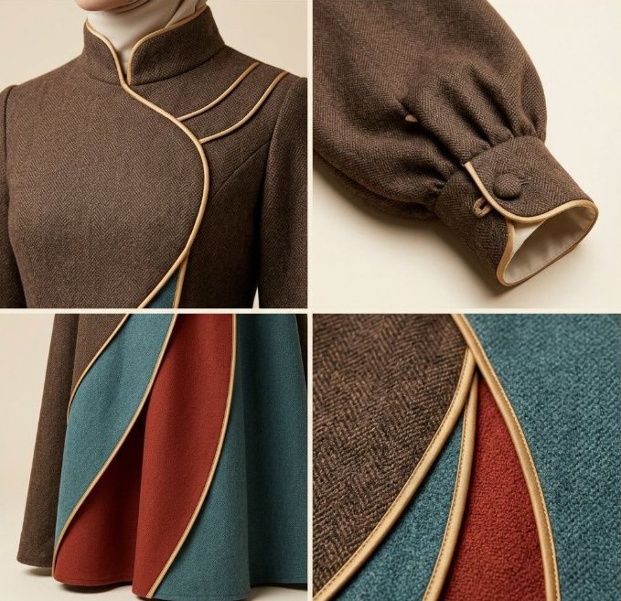 Close-up details of a wool coat: collar piping, button cuff and fabric panels